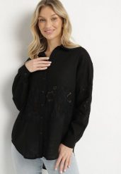 Czarna Koszula z Lnem o Kroju Oversize z Ażurowymi Zdobieniami Dannilea. Czarne koszule Born2be, l, z aplikacjami, z bawełny, klasyczne, bez kołnierzyka, bez ramiączek. Za 139.99 zł.