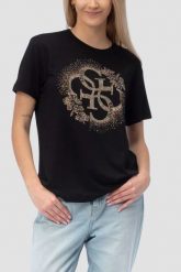 GUESS Czarny damski t-shirt na krótki rękaw z cyrkoniami Corinne, Rozmiar M. Czarne t-shirty Guess, m, z aplikacjami, eleganckie, bez kołnierzyka, bez ramiączek. Za 239.99 zł.