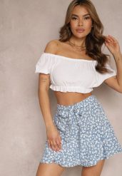 Niebieskie Szorty Imitujące Spódnicę z Gumką w Talii i Paskiem Krastilla. Niebieskie szorty Renee, bez wzorów, z materiału, eleganckie. W wyprzedaży za 39.99 zł.