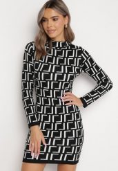 Czarno-Biała Sukienka Mini ze Sweterkowego Materiału w Geometryczny Wzór Lenikes. Czarne sukienki Born2be, bez wzorów, z bawełny, bez kołnierzyka, bez ramiączek, mini. W wyprzedaży za 76.49 zł.