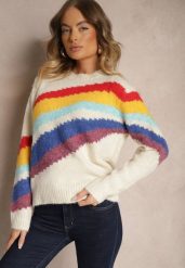 Jasnobeżowy Sweter Ozdobiony Ukośnymi Paskami Zenstina. Brązowe swetry Renee, bez wzorów, z jeansu, casualowe, bez ramiączek. W wyprzedaży za 119.99 zł.