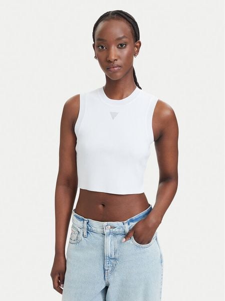 Guess Top W4GZ34 Z3F40 Biały Slim Fit. Białe topy Guess, l, z aplikacjami, z wiskozy, bez kołnierzyka, bez ramiączek. Za 214.99 zł.