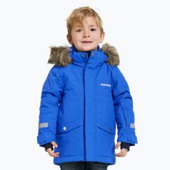 Kurtka zimowa dziecięca Didriksons Bjärven Parka. Niebieskie płaszcze Didriksons, na zimę, s, bez wzorów, z materiału, bez kaptura. Za 439.99 zł.