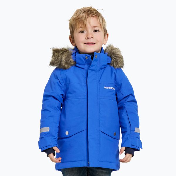 Kurtka zimowa dziecięca Didriksons Bjärven Parka. Niebieskie płaszcze Didriksons, na zimę, s, bez wzorów, z materiału, bez kaptura. Za 439.99 zł.