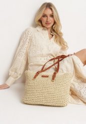 Jasnobeżowa Torebka Shopper z Plecionki z Rączkami z Ekoskóry Buxara. Brązowe shopper bag Born2be, bez wzorów, eleganckie, bez dodatków. W wyprzedaży za 101.99 zł.