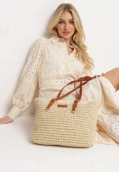Jasnobeżowa Torebka Shopper z Plecionki z Rączkami z Ekoskóry Buxara. Brązowe shopper bag Born2be, bez wzorów, eleganckie, bez dodatków. Za 109.99 zł.