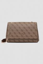 GUESS Brązowa logowana torebka damska Noelle II. Brązowe kopertówki Guess, z aplikacjami, ze skóry ekologicznej, bez dodatków. W wyprzedaży za 459.99 zł.