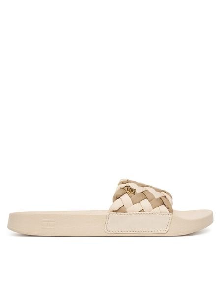 Tommy Hilfiger Klapki Th Braided Pool Slide FW0FW09203 Beżowy. Brązowe klapki Tommy Hilfiger, bez wzorów, z materiału, bez obcasa, bez zapięcia. Za 209.99 zł.