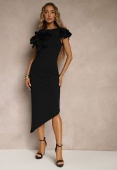 Czarna Koktajlowa Asymetryczna Sukienka Vices z Kwiatem 3D i Falbankami Tolelira. Czarne sukienki Renee, na imprezę, l, bez wzorów, eleganckie, z asymetrycznym kołnierzem, bez ramiączek, asymetryczne. W wyprzedaży za 111.99 zł.