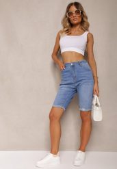 Niebieskie Szorty Jeansowe Przylegające o Długości do Kolan Namsina. Niebieskie szorty Renee, bez wzorów, z jeansu, eleganckie. W wyprzedaży za 67.99 zł.