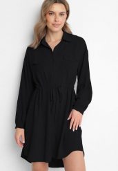 Czarna Koszulowa Sukienka z Bawełną i Wiązaniem w Pasie Ulalienna. Czarne sukienki Born2be, na co dzień, l, z aplikacjami, z bawełny, eleganckie, bez kołnierzyka, bez ramiączek, midi, koszulowe. W wyprzedaży za 63.74 zł.