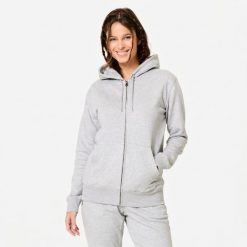 Bluza na zamek damska Domyos fitness. Szare bluzy z kapturem DOMYOS, m, bez wzorów, z bawełny, z kapturem, na fitness i siłownię. Za 119.99 zł.