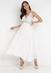 Biała Sukienka Coridoe. Białe sukienki Born2be, l, w ażurowe wzory, z koronki, bez kołnierzyka, bez ramiączek, maxi, rozkloszowane. Za 269.99 zł.