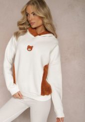 Biała Bluza z Bawełny z Ozdobną Naszywką z Misiem i Polarowym Kapturem Hecatia. Białe bluzy Renee, z aplikacjami, z bawełny, casualowe, bez ramiączek, z kapturem. W wyprzedaży za 87.99 zł.
