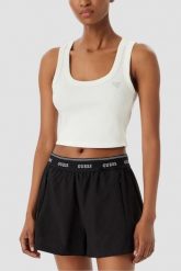 GUESS Biały krótki damski tank top Silvy Rib, Rozmiar M. Białe topy Guess, m, z aplikacjami, z materiału, eleganckie, bez kołnierzyka, bez ramiączek. Za 189.99 zł.