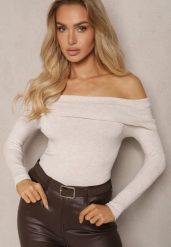 Jasnobeżowy Sweter z Dodatkiem Wiskozy Ozdobiony Wywiniętym Dekoltem Elorievia. Brązowe swetry Renee, m, bez wzorów, z jeansu, biznesowe, bez ramiączek. W wyprzedaży za 87.99 zł.