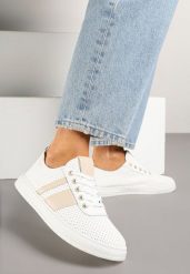 Beżowo-Białe Tenisówki Ozdobione Paskami Meloti. Brązowe trampki Renee, bez wzorów, z jeansu, eleganckie, bez zapięcia. W wyprzedaży za 47.99 zł.