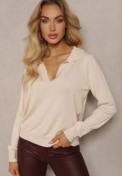 Beżowy Sweter z Wiskozą i Ozdobnym Kołnierzykiem Ceaola. Brązowe swetry Renee, bez wzorów, z jeansu, biznesowe, bez ramiączek. W wyprzedaży za 63.99 zł.
