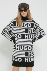 HUGO sukienka z domieszką wełny kolor czarny mini oversize. Czarne sukienki Hugo, m, bez wzorów, z dzianiny, bez kołnierzyka, bez ramiączek, mini, oversize. W wyprzedaży za 719.99 zł.