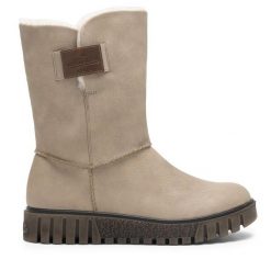 Botki Rieker. Brązowe botki Rieker, bez wzorów, bez obcasa, na płaskiej podeszwie, bez zapięcia. Za 233.99 zł.