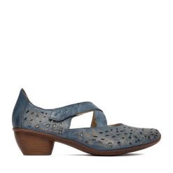 Półbuty Rieker. Niebieskie półbuty wsuwane Rieker, bez wzorów, bez obcasa, na obcasie. Za 339.99 zł.
