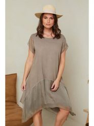 Curvy Lady Lniana sukienka w kolorze jasnobrązowym rozmiar: 40/42. Brązowe sukienki Curvy Lady, bez wzorów, ze lnu, klasyczne, bez kołnierzyka, bez ramiączek, midi. Za 117.17 zł.