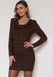 Brązowa Dopasowana Sukienka Wieczorowa z Lejącym Dekoltem i Cekinami Siwedea. Brązowe sukienki Born2be, na imprezę, l, z aplikacjami, z poliesteru, eleganckie, bez kołnierzyka, bez ramiączek, dopasowane. Za 189.99 zł.