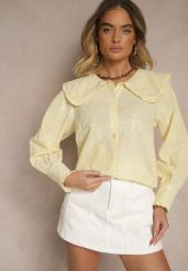 Żółta Koszula z Bawełną Ozdobiona Kołnierzykiem Natulissa. Żółte koszule Renee, l, bez wzorów, z bawełny, eleganckie, bez kołnierzyka, bez ramiączek. W wyprzedaży za 91.99 zł.