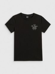 4F T-shirt regular z nadrukiem damski - czarny L. Czarne t-shirty 4f, l, bez wzorów, z bawełny, klasyczne, bez kołnierzyka, bez ramiączek. Za 59.99 zł.