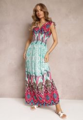 Miętowo-Fuksjowa Sukienka Maxi w Stylu Boho z Gumką w Pasie Bernette. Zielone sukienki Renee, l, bez wzorów, boho, bez kołnierzyka, bez ramiączek, maxi. W wyprzedaży za 63.99 zł.