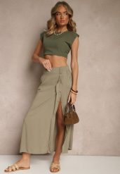 Zielona Rozkloszowana Spódnica z Wiskozy z Kieszeniami Galmira. Zielone spódnice Renee, na co dzień, l, bez wzorów, z materiału, eleganckie, midi, rozkloszowane. W wyprzedaży za 55.99 zł.