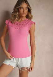 Różowy Bawełniany Top z Koronkowymi Wstawkami Lirumina. Czerwone topy Renee, m, bez wzorów, z bawełny, eleganckie, bez kołnierzyka, bez ramiączek. W wyprzedaży za 39.99 zł.