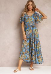 Niebieska Wiskozowa Sukienka Maxi w Kwiaty z Rozkloszowanym Dołem i Falbanką Pathna. Niebieskie sukienki Renee, na co dzień, s, bez wzorów, z wiskozy, bez kołnierzyka, bez ramiączek, maxi, rozkloszowane. W wyprzedaży za 62.99 zł.