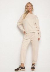 Beżowy Komplet Dresowy z Bawełną Bluza i Spodnie Joggery Ette. Brązowe bluzy Born2be, l, bez wzorów, z bawełny, eleganckie, bez ramiączek, bez kaptura. Za 119.99 zł.