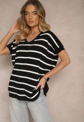 Czarna Bluzka z Wiskozą Oversize Ozdobiona Paskami Tasvesia. Czarne bluzki Renee, bez wzorów, z jeansu, bez kołnierzyka, bez ramiączek. W wyprzedaży za 43.99 zł.
