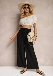 Czarne Spodnie z Bawełny Typu Palazzo High Waist z Gumką w Talii Nelsaria. Czarne jeansy Renee, na lato, l, bez wzorów, z bawełny, z podwyższonym stanem. W wyprzedaży za 31.99 zł.