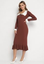 Ciemnobrązowa Dzianinowa Sukienka Retro z Wiskozą z Kołnierzykiem i Falbanami Hanlira. Brązowe sukienki Born2be, na co dzień, m, bez wzorów, z dzianiny, eleganckie, bez kołnierzyka, bez ramiączek, midi, ołówkowe. W wyprzedaży za 118.99 zł.