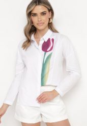 Biała Koszula z Nadrukiem Tulipana z Bawełny Aelirava. Białe koszule Born2be, l, bez wzorów, z bawełny, boho, bez kołnierzyka, bez ramiączek. W wyprzedaży za 110.49 zł.