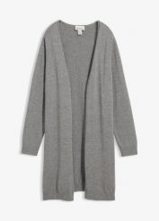 Długi sweter rozpinany z wywiniętym brzegiem. Szare swetry bonprix, bez wzorów, bez ramiączek. Za 109.99 zł.