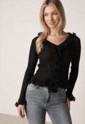 Czarna Prążkowana Bluzka z Wiskozą Ozdobiona Falbanami Pronasia. Czarne bluzki Born2be, m, z aplikacjami, z materiału, eleganckie, bez kołnierzyka, bez ramiączek. Za 109.99 zł.