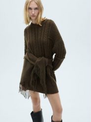 Mango Sukienka dzianinowa Natte 77099066 Khaki Relaxed Fit. Brązowe sukienki Mango, m, bez wzorów, z dzianiny, bez kołnierzyka, bez ramiączek. Za 69.99 zł.