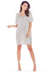 Beżowa Cekinowa Sukienka o Luźnym Kroju. Brązowe sukienki Awama, uniwersalny, bez wzorów, z elastanu, wizytowe, bez kołnierzyka, bez ramiączek. Za 349.90 zł.