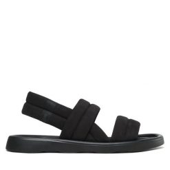 Sandały Fly London. Czarne sandały Fly London, bez wzorów, bez obcasa, na płaskiej podeszwie, bez zapięcia. Za 299.99 zł.