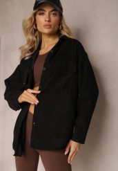 Czarna Koszula z Guzikami ze Sztruksowego Materiału Ilwenita. Czarne koszule Renee, l, bez wzorów, z jeansu, eleganckie, bez kołnierzyka, bez ramiączek. W wyprzedaży za 47.99 zł.