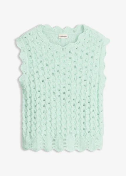 Top dzianinowy z czystej bawełny. Zielone topy bonprix, w ażurowe wzory, z bawełny, bez kołnierzyka, bez ramiączek. Za 47.99 zł.