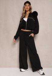 Czarny Komplet Dresowy z Wiskozą Spodnie o Szerokim Kroju i Bluza z Broszką Redaella. Czarne bluzy Renee, z aplikacjami, z dresówki, casualowe, bez ramiączek, bez kaptura. W wyprzedaży za 167.99 zł.