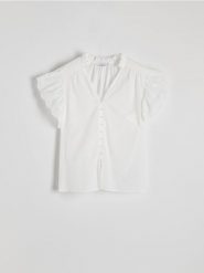 Bawełniana koszula z ażurowym haftem - biały. Białe koszule Reserved, l, w ażurowe wzory, z bawełny, bez kołnierzyka, bez ramiączek. W wyprzedaży za 49.99 zł.