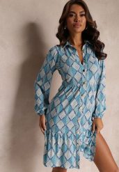 Niebieska Koszulowa Sukienka Mini w Ornamentalny Wzór Norena. Niebieskie sukienki Renee, l, bez wzorów, klasyczne, bez kołnierzyka, bez ramiączek, midi, koszulowe. W wyprzedaży za 132.99 zł.