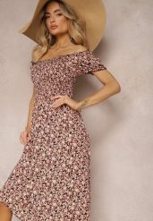 Jasnobeżowa Wiskozowa Sukienka w Kwiaty z Gumką w Talii i Marszczonym Dekoltem Poppysun. Brązowe sukienki Renee, na imprezę, l, bez wzorów, z wiskozy, eleganckie, bez kołnierzyka, bez ramiączek, midi, dopasowane. W wyprzedaży za 48.99 zł.