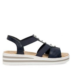 Sandały Rieker. Niebieskie sandały Rieker, bez wzorów, bez obcasa, na koturnie, bez zapięcia. Za 309.99 zł.